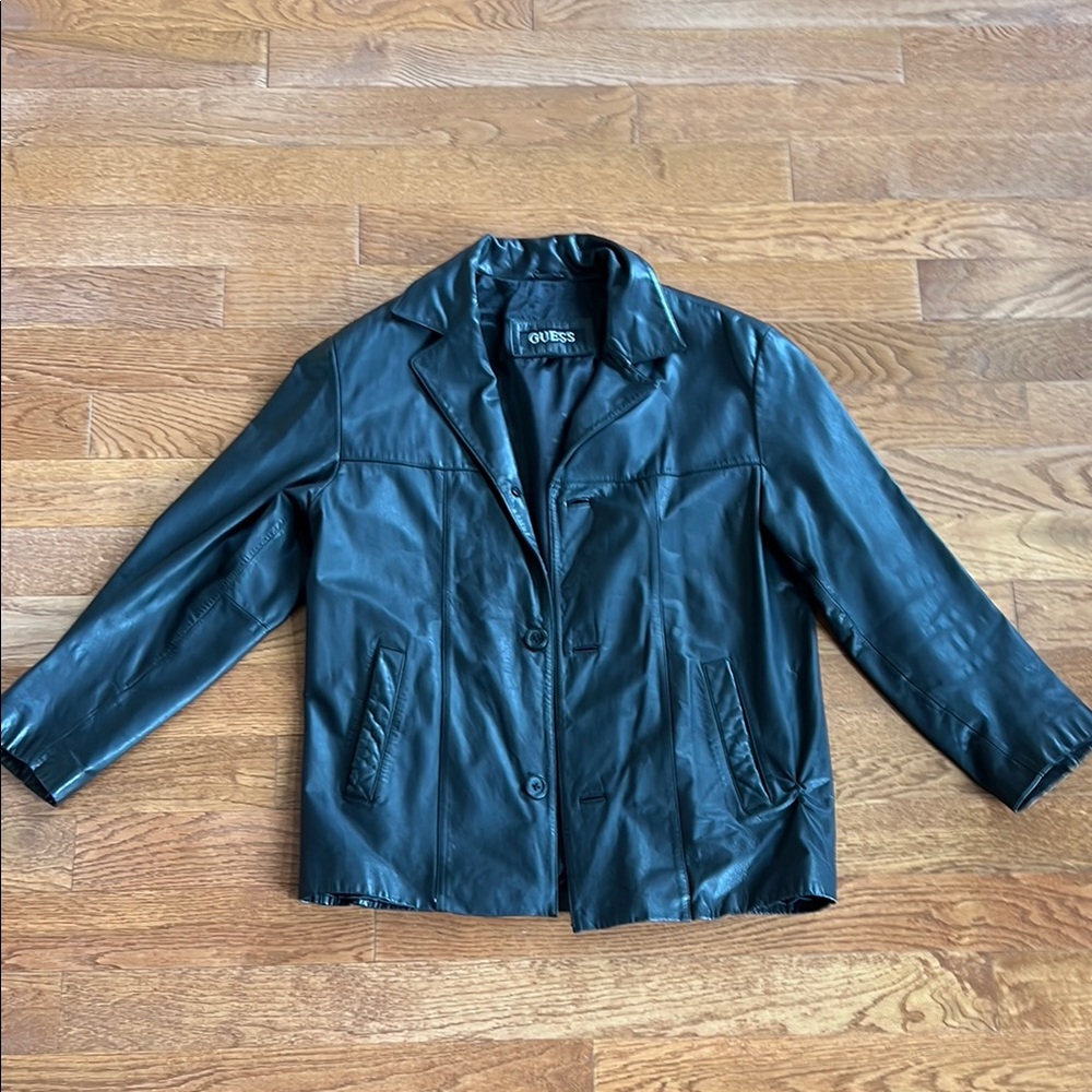 Guess black small vintage 3 button leather jacket